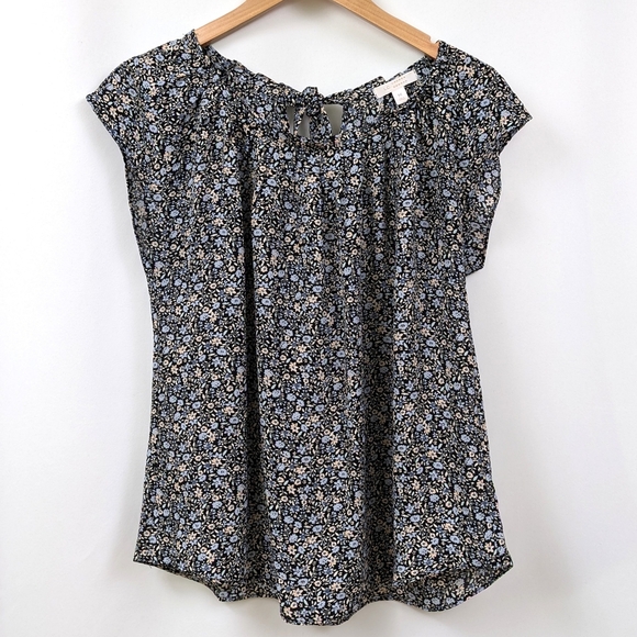 Lauren Conrad Blouse Ditsy Floral Cottagecore Retro Back Tie Cap Sleeve Blue M - Picture 1 of 10
